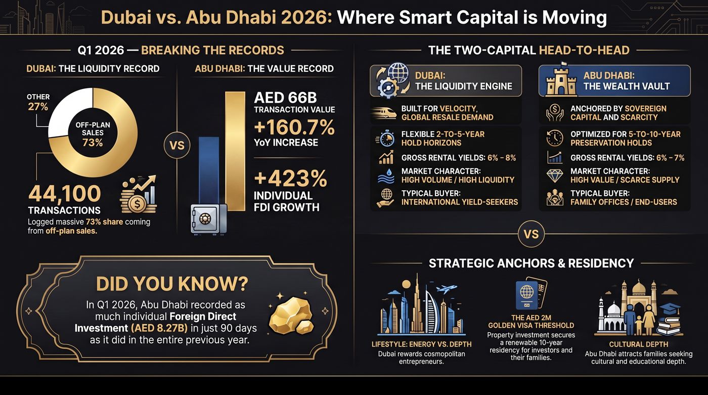 Dubai vs Abu Dhabi 2026 comparison infographic